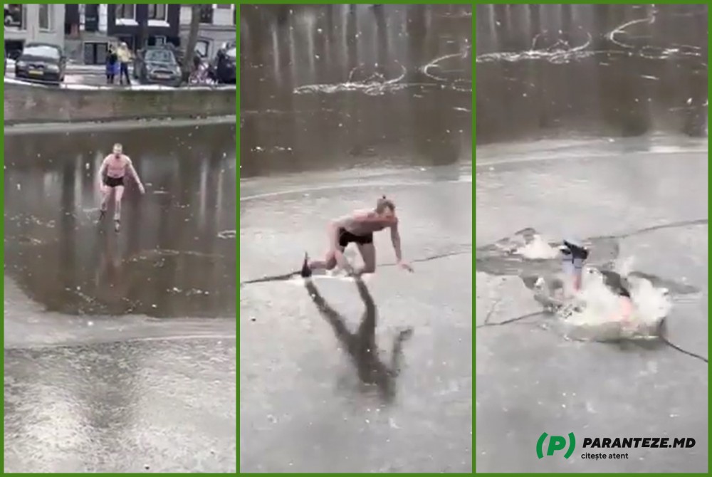 Un bărbat a ieşit să patineze în lenjerie intimă, dar a ajuns direct sub gheață